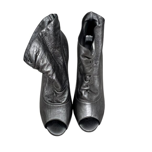 Manolo Blahnik Leather Gunmetal Peep Toe Ruched heel Booties women's sz 10.5 - Picture 4 of 11